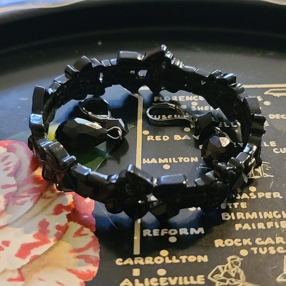 Matching Black Faceted Stone Bracelet, Earrings